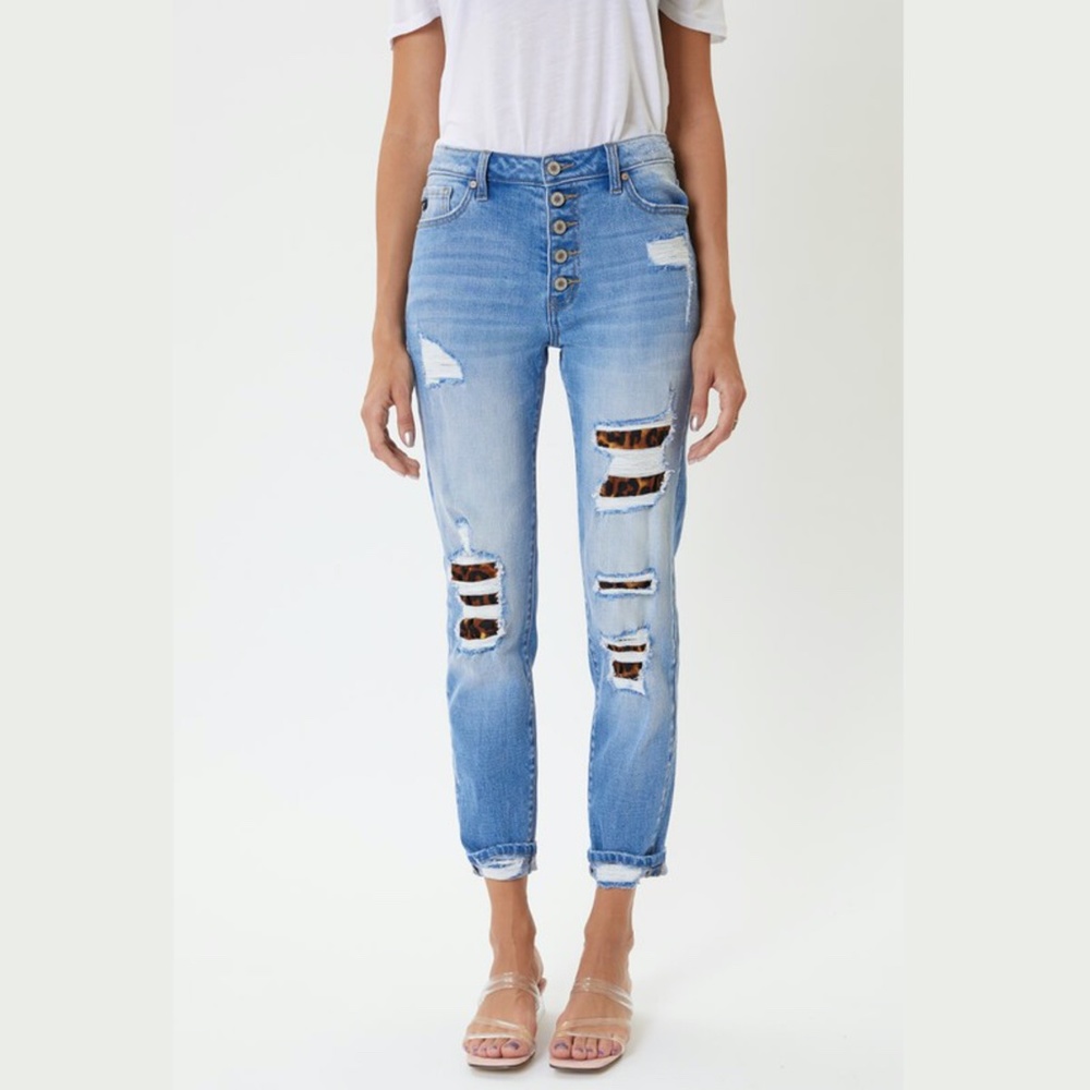 KanCan Women High Rise Blue Light Wash Distressed Leopard Patches Jeans size 27 - Picture 6 of 10